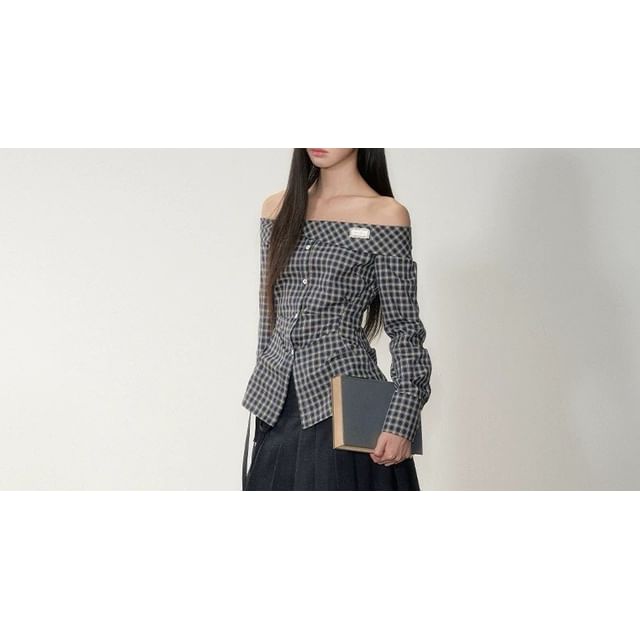 Off Shoulder Plaid Button Top with Pleated Midi Skirt