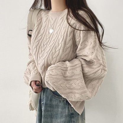 Cable Knit Crew Neck Sweater with Drop Shoulder
