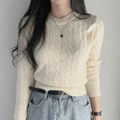 Cropped Cable Knit Round Neck Sweater