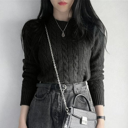 Cropped Cable Knit Round Neck Sweater