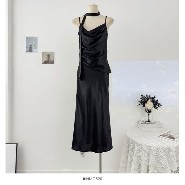 Set: Spaghetti Strap Cowl Neck Plain Ruched Satin Maxi Mermaid Dress + Skinny Scarf
