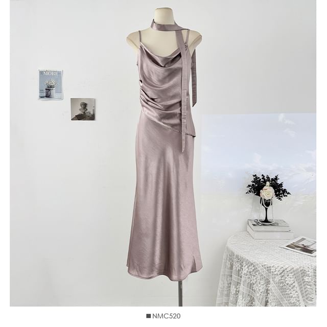 Set: Spaghetti Strap Cowl Neck Plain Ruched Satin Maxi Mermaid Dress + Skinny Scarf