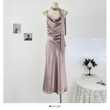 Set: Spaghetti Strap Cowl Neck Plain Ruched Satin Maxi Mermaid Dress + Skinny Scarf