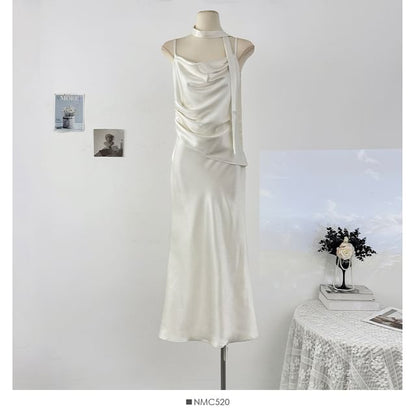 Set: Spaghetti Strap Cowl Neck Plain Ruched Satin Maxi Mermaid Dress + Skinny Scarf