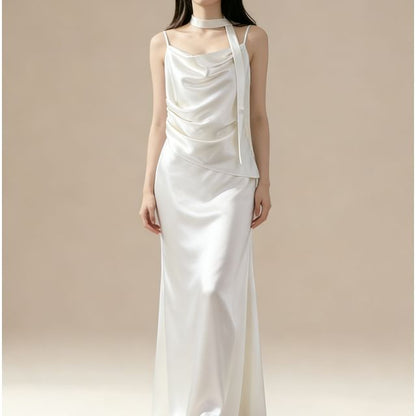 Set: Spaghetti Strap Cowl Neck Plain Ruched Satin Maxi Mermaid Dress + Skinny Scarf
