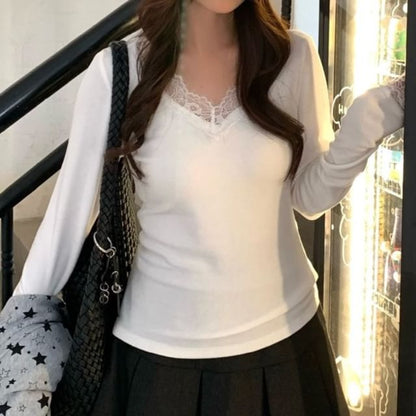 V-Neck Lace Panel Top with Long Sleeves