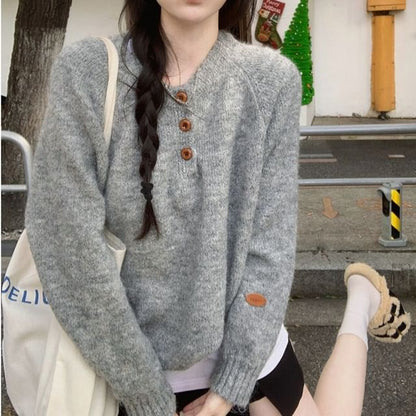 Henley Style Solid Pullover Sweater