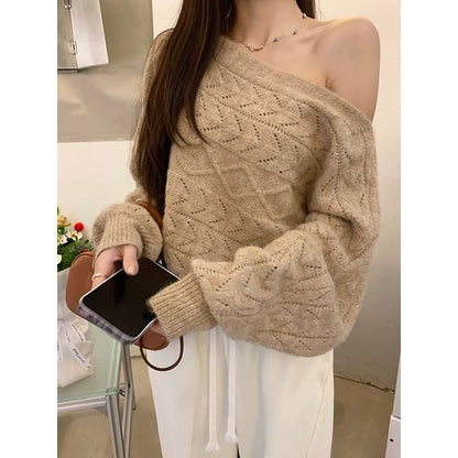 Cropped Off-Shoulder Sweater with Perforated Texture