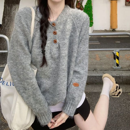 Henley Style Solid Pullover Sweater