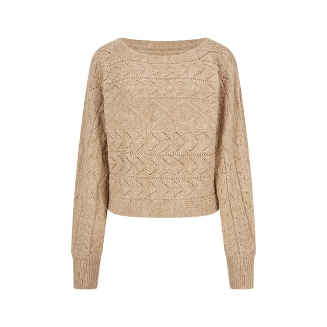 Cropped Off-Shoulder Sweater with Perforated Texture