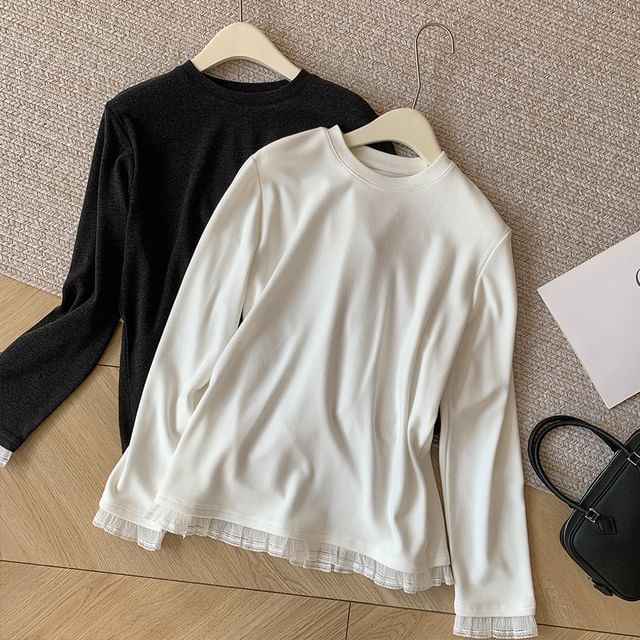 Crew Neck Ruffle Panel Long-Sleeve Shirt