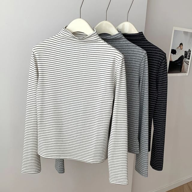 Mock Neck Striped Long-Sleeve Pullover