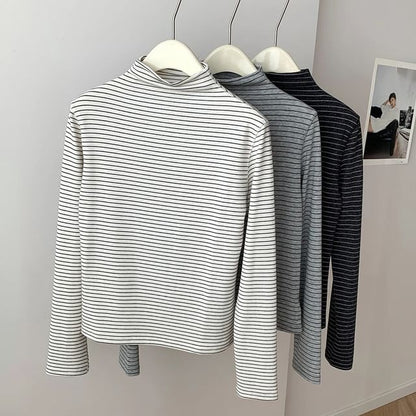 Mock Neck Striped Long-Sleeve Pullover