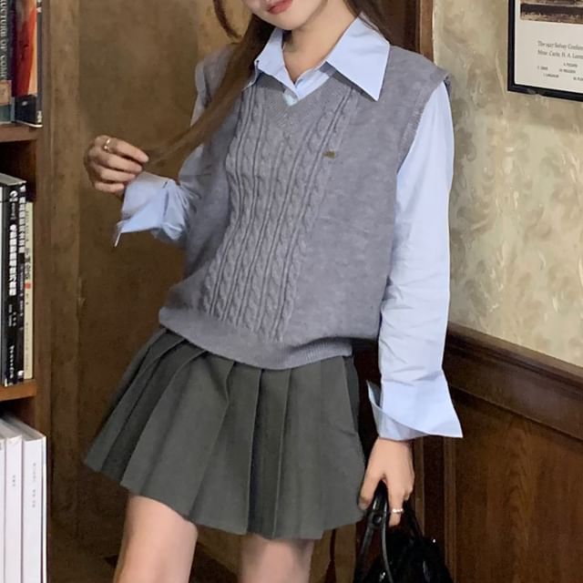 Pleated Mini Skirt Outfit with Shirt and Vest