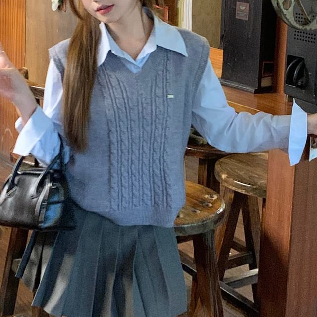 Pleated Mini Skirt Outfit with Shirt and Vest