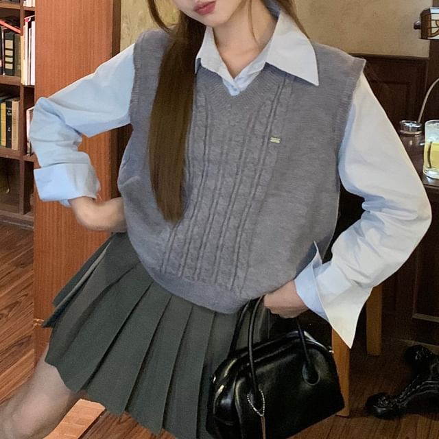 Pleated Mini Skirt Outfit with Shirt and Vest
