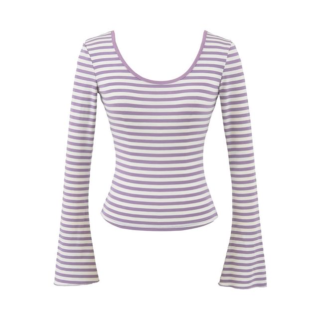 Flared Sleeve Scoop Neck Striped Tee
