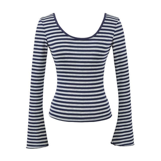 Flared Sleeve Scoop Neck Striped Tee