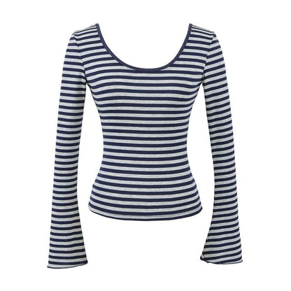 Flared Sleeve Scoop Neck Striped Tee