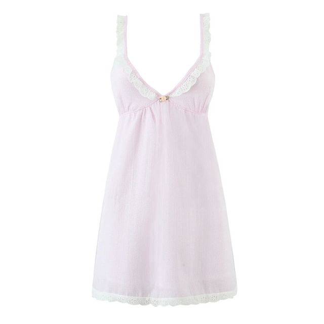 Spaghetti Strap V-Neck Pinstriped Lace Trim Mini Smock Dress