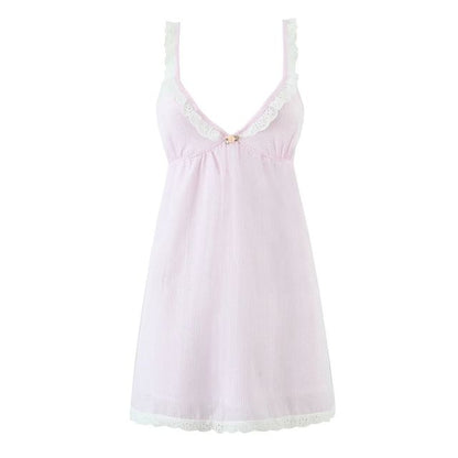 Spaghetti Strap V-Neck Pinstriped Lace Trim Mini Smock Dress