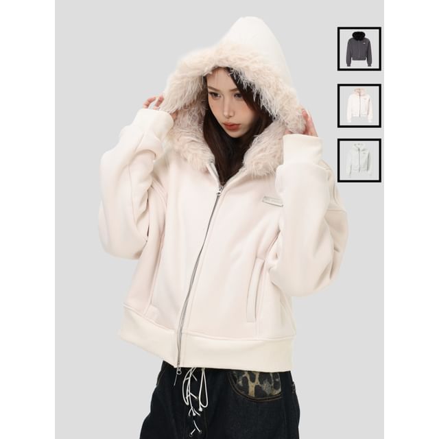 Unisex Faux Fur Panel Zip-Up Hoodie