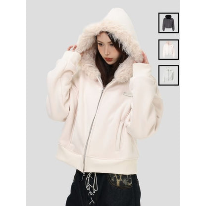 Unisex Faux Fur Panel Zip-Up Hoodie