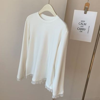 Crew Neck Ruffle Panel Long-Sleeve Shirt