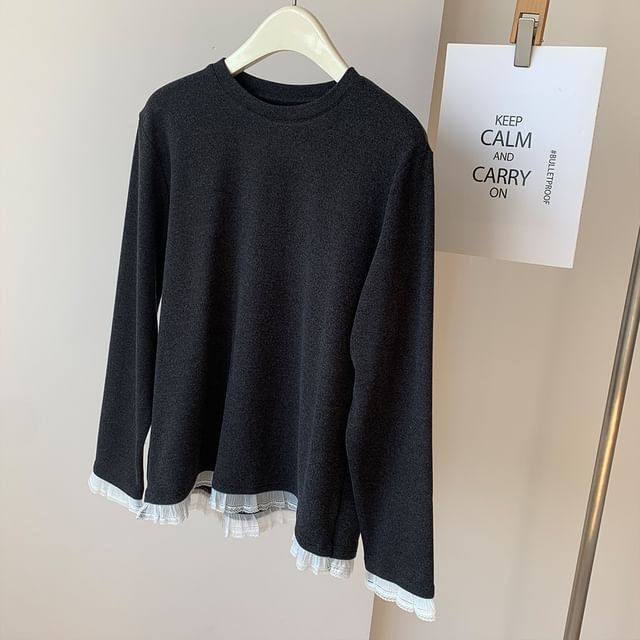 Crew Neck Ruffle Panel Long-Sleeve Shirt