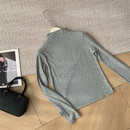 Mock Neck Striped Long-Sleeve Pullover