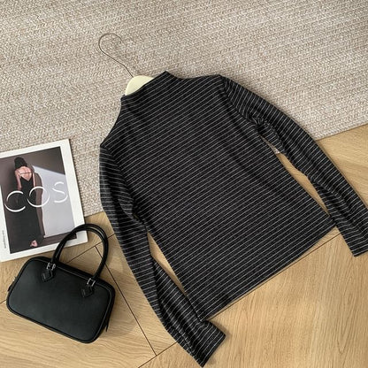 Mock Neck Striped Long-Sleeve Pullover