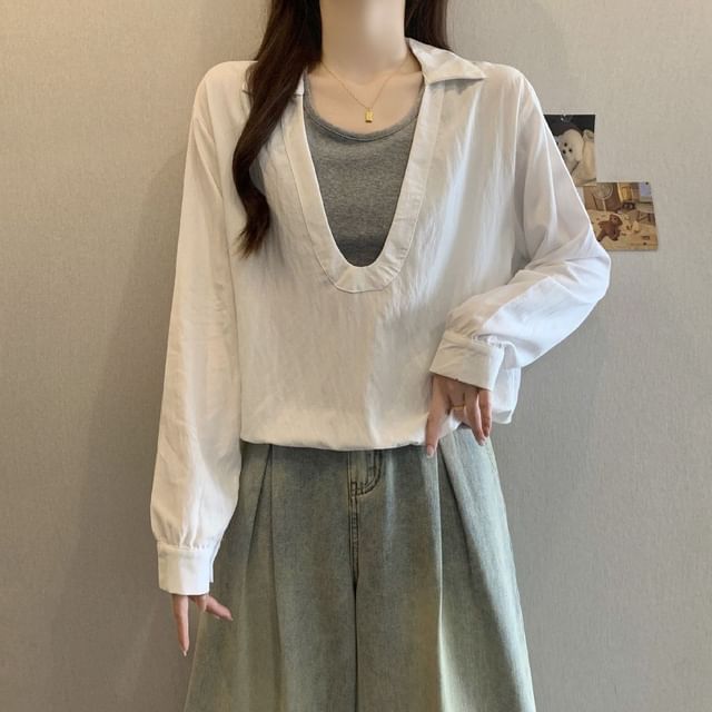 Two-Tone Collared Blouse with Mock Layered Look