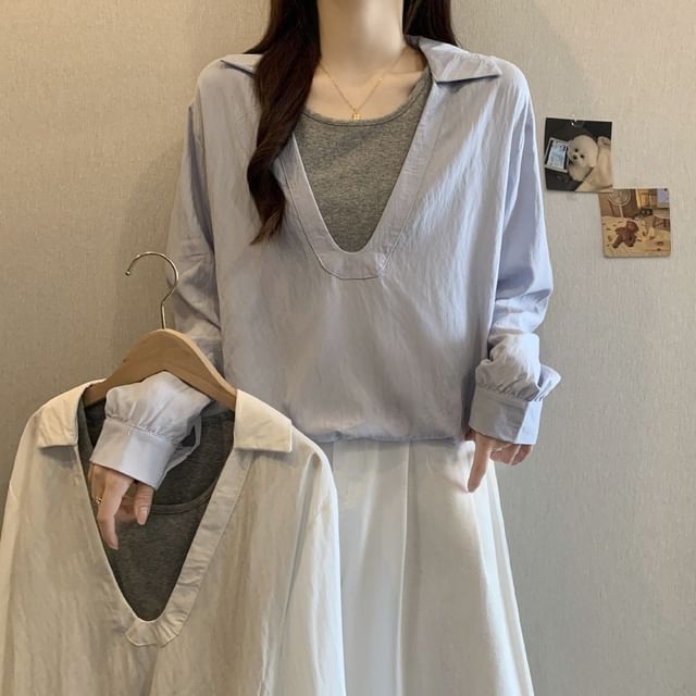 Two-Tone Collared Blouse with Mock Layered Look