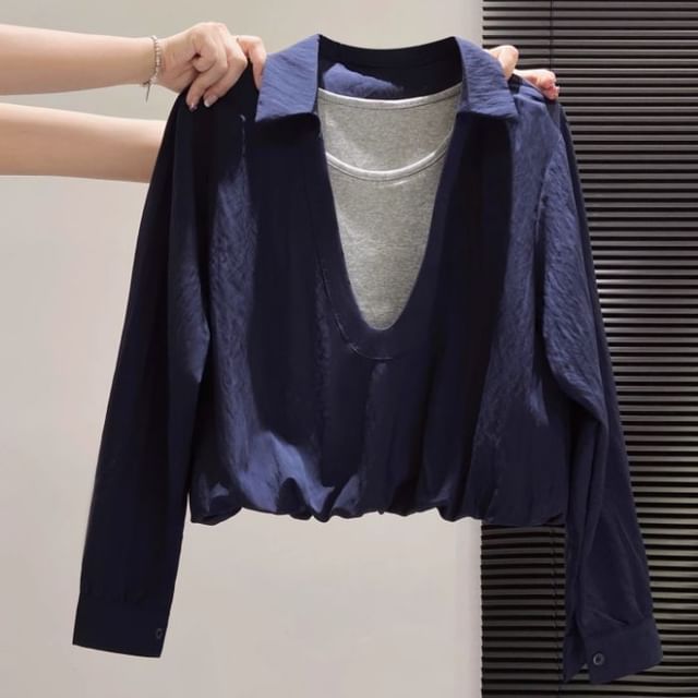 Two-Tone Collared Blouse with Mock Layered Look