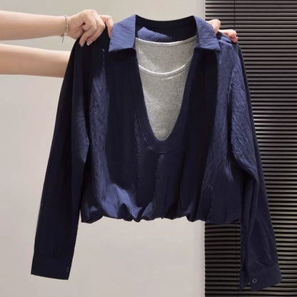 Two-Tone Collared Blouse with Mock Layered Look