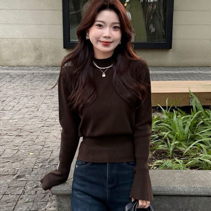 Plain Knit Pullover with Mock Neck