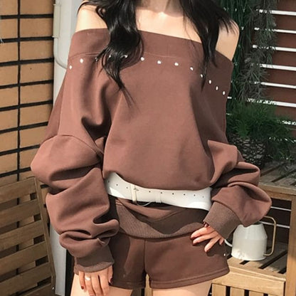 Studded Off-Shoulder Sweatshirt with High-Rise Shorts Set