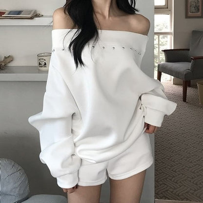 Studded Off-Shoulder Sweatshirt with High-Rise Shorts Set