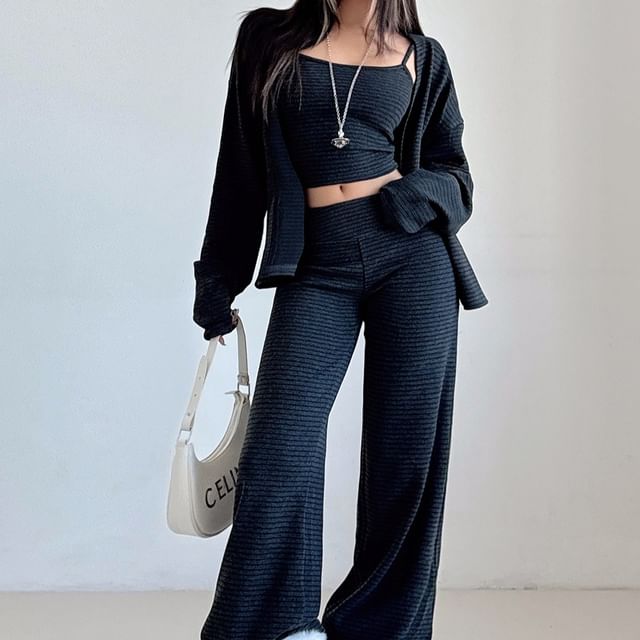 Striped Cardigan Set with Crop Cami and Wide-Leg Trousers