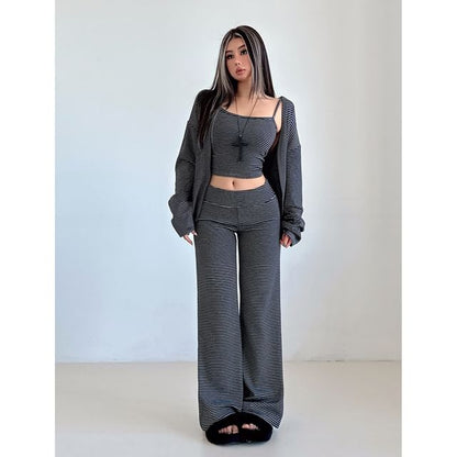 Striped Cardigan Set with Crop Cami and Wide-Leg Trousers