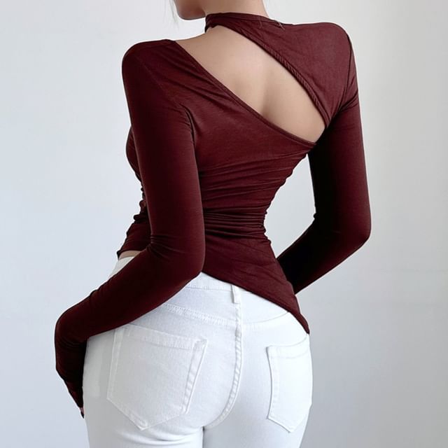 Asymmetrical Cutout Halter Neck Fitted Tee