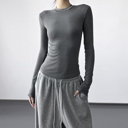 Slim Fit Crop Tee Mock Neck Long Sleeve