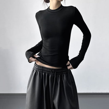 Slim Fit Crop Tee Mock Neck Long Sleeve