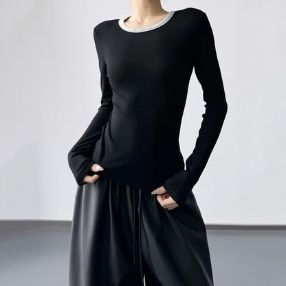 Crew Neck Contrast Trim Slim Crop T-Shirt