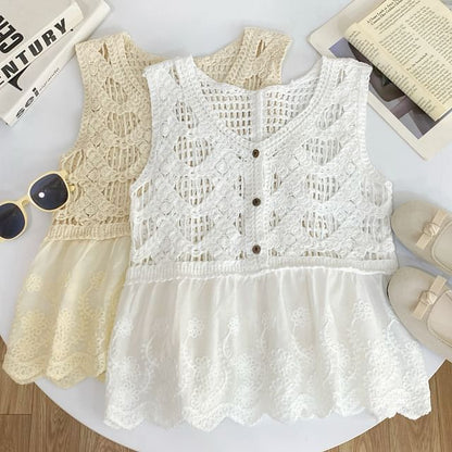 Crochet Lace Trim Sleeveless Top with V-Neck