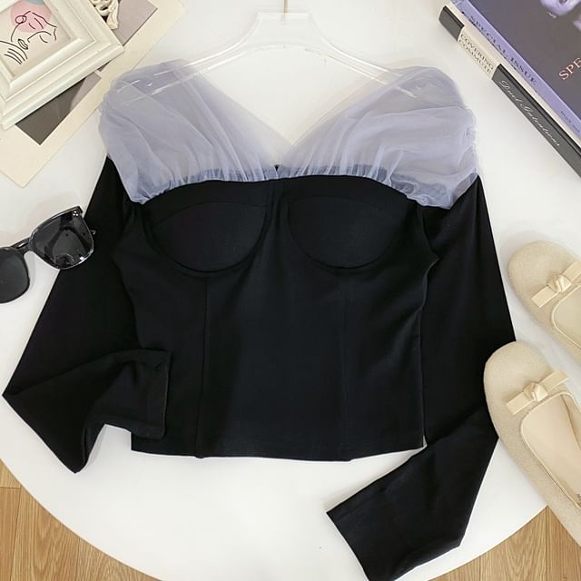 Sheer Panel T-Shirt Off Shoulder Long Sleeve