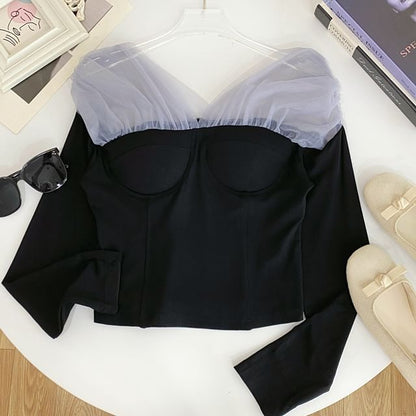 Sheer Panel T-Shirt Off Shoulder Long Sleeve