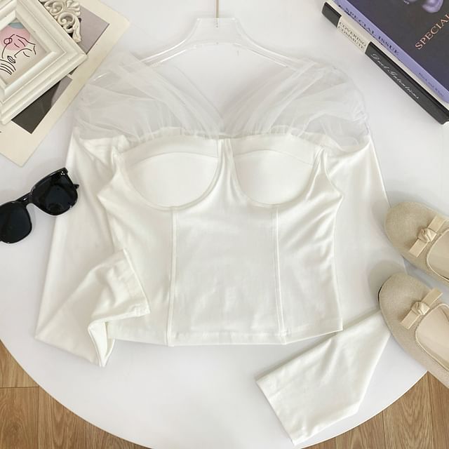 Sheer Panel T-Shirt Off Shoulder Long Sleeve