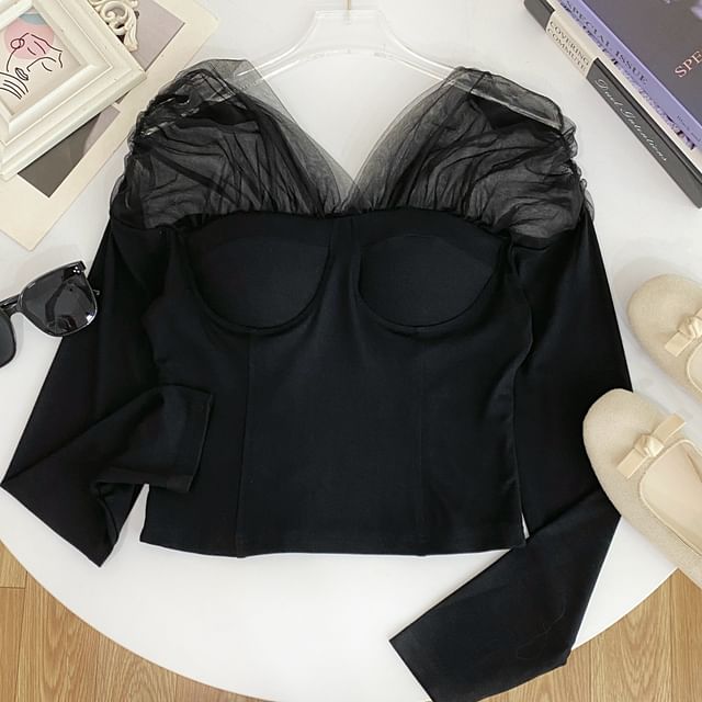 Sheer Panel T-Shirt Off Shoulder Long Sleeve