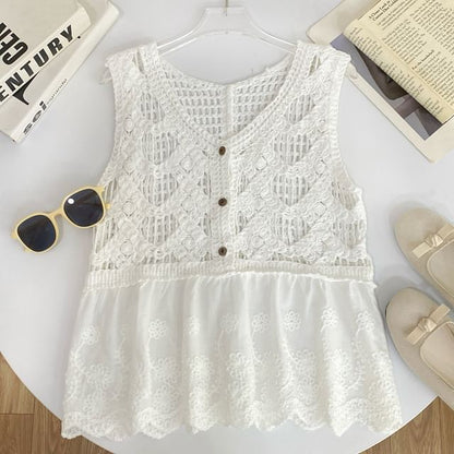 Crochet Lace Trim Sleeveless Top with V-Neck